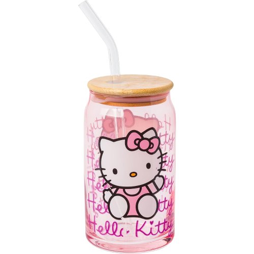 Silver Buffalo Sanrio Hello Kitty Glass Tumbler with Bamboo Lid and Glass Straw, 16 Ounces